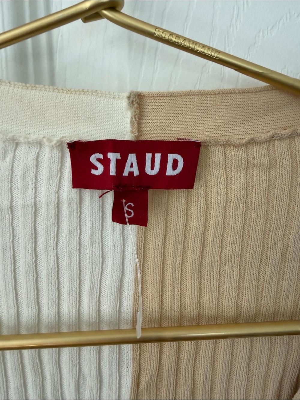 STAUD Two-Tone Ribbed V-Neck Cardigan - Cream & Tan - Picture 2 of 6